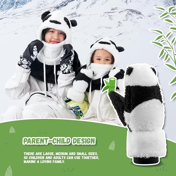 Qunature Gants de ski Panda Design pour enfants âgés de 4 à 12 ans, chauds, thermiques, coupe-vent, en polaire, idéaux pour les activités hivernales telles que le ski, le snowboard, le patinage sur glace