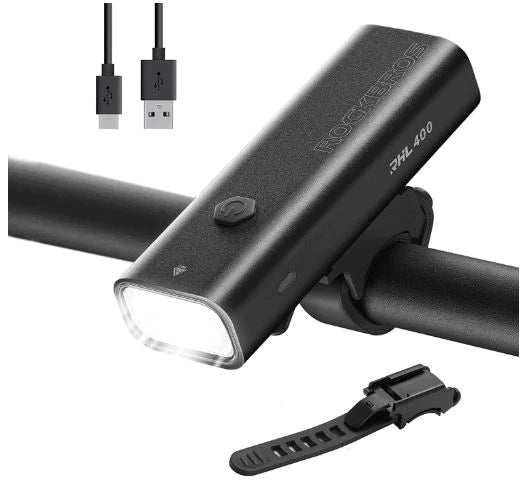 ROCKBROS Vélo Lampe frontale LED rechargeable USB, 400 lumens Lumière étanche IPX6 avec 4 modes fixes et clignotants